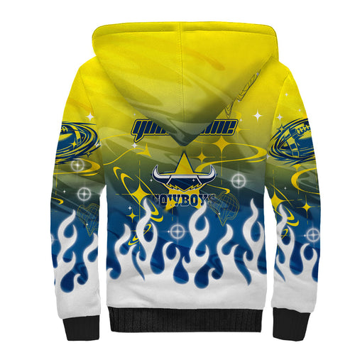 Personalized North Queensland Cowboys Sherpa Hoodie Y2K Grunge Aesthetic With Cyber Flames and Starburst Graphics