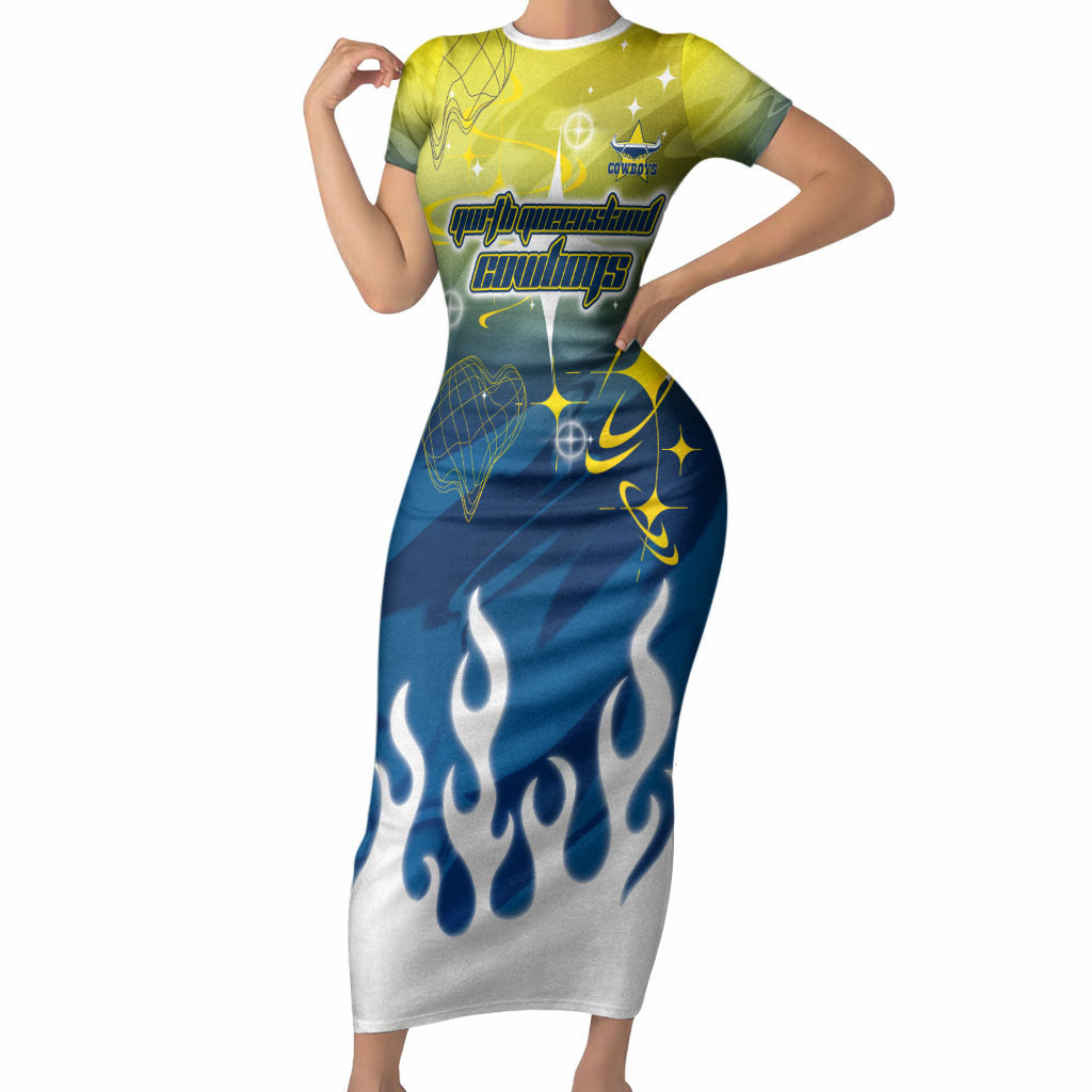 Personalized North Queensland Cowboys Short Sleeve Bodycon Dress Y2K Grunge Aesthetic With Cyber Flames and Starburst Graphics