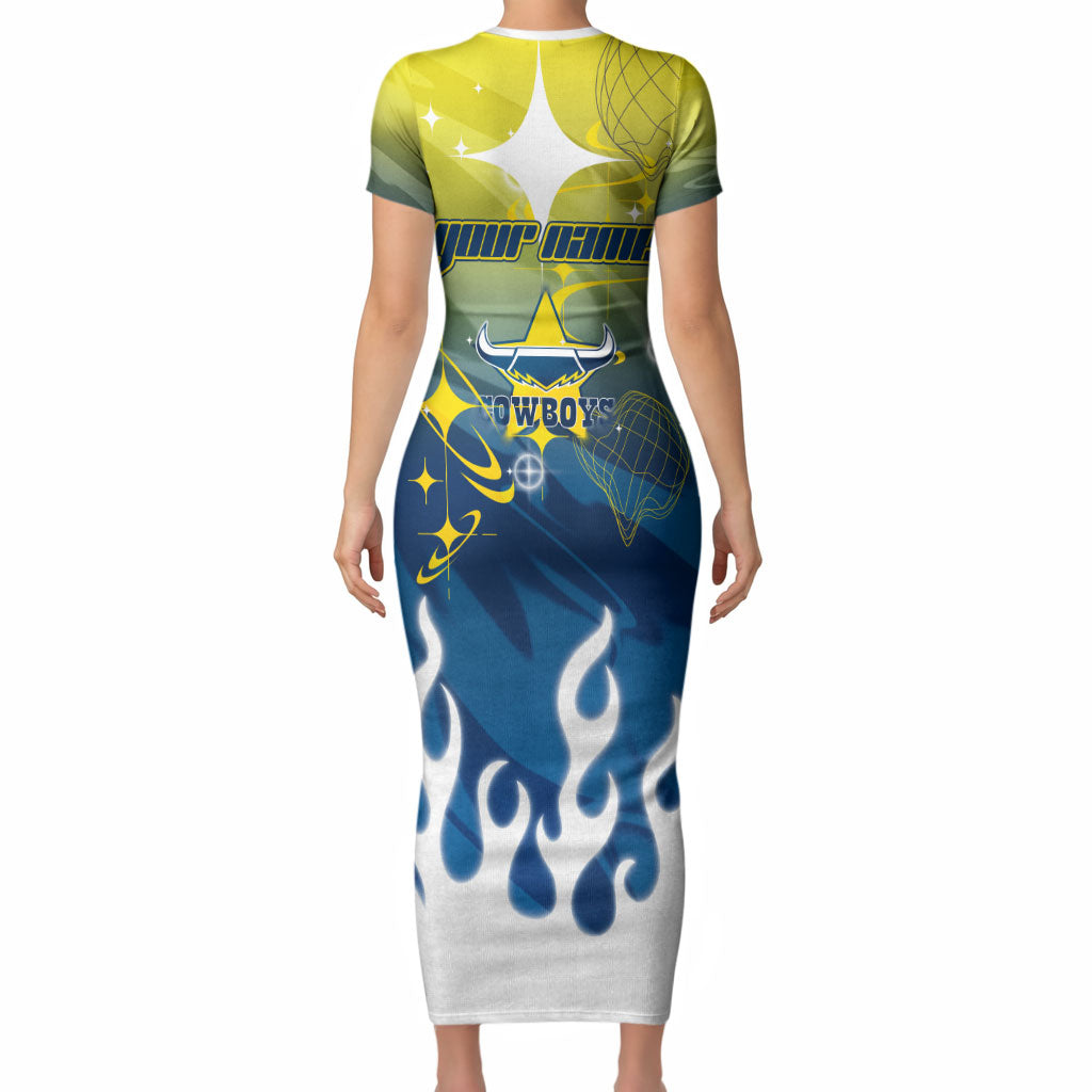 Personalized North Queensland Cowboys Short Sleeve Bodycon Dress Y2K Grunge Aesthetic With Cyber Flames and Starburst Graphics
