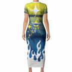 Personalized North Queensland Cowboys Short Sleeve Bodycon Dress Y2K Grunge Aesthetic With Cyber Flames and Starburst Graphics