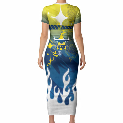 Personalized North Queensland Cowboys Short Sleeve Bodycon Dress Y2K Grunge Aesthetic With Cyber Flames and Starburst Graphics