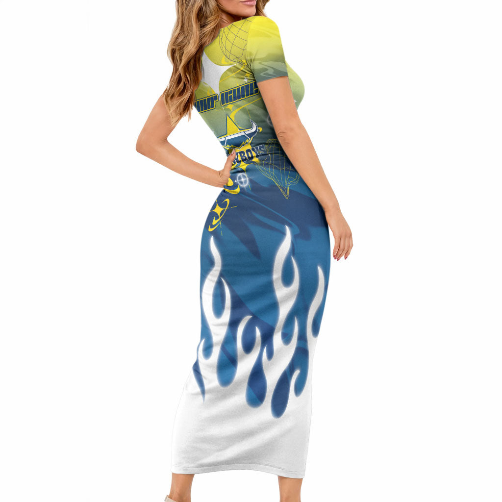 Personalized North Queensland Cowboys Short Sleeve Bodycon Dress Y2K Grunge Aesthetic With Cyber Flames and Starburst Graphics