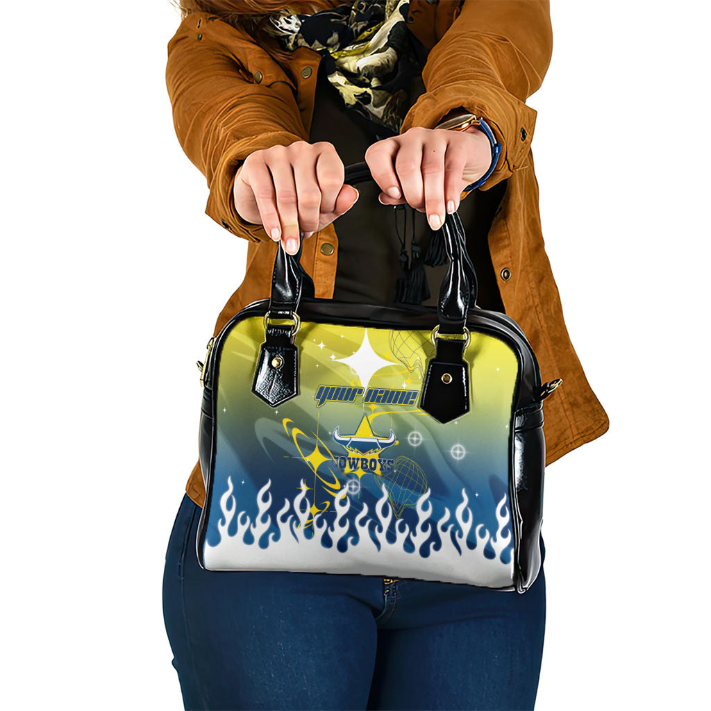 Personalized North Queensland Cowboys Shoulder Handbag Y2K Grunge Aesthetic With Cyber Flames and Starburst Graphics