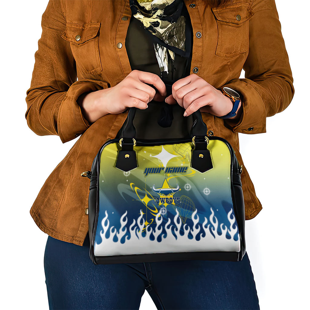 Personalized North Queensland Cowboys Shoulder Handbag Y2K Grunge Aesthetic With Cyber Flames and Starburst Graphics