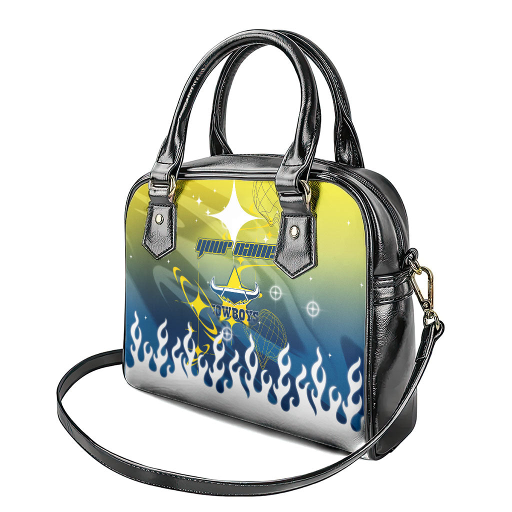 Personalized North Queensland Cowboys Shoulder Handbag Y2K Grunge Aesthetic With Cyber Flames and Starburst Graphics