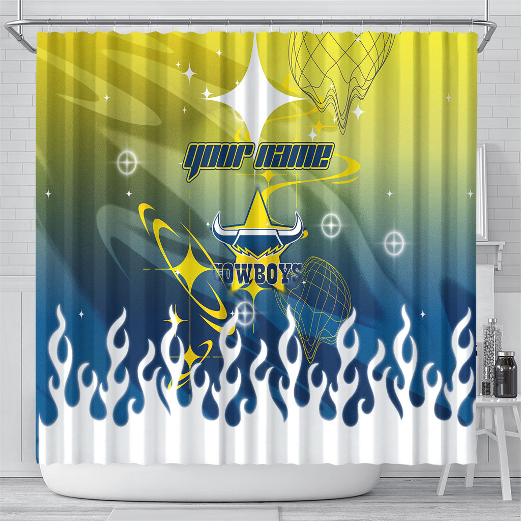 Personalized North Queensland Cowboys Shower Curtain Y2K Grunge Aesthetic With Cyber Flames and Starburst Graphics