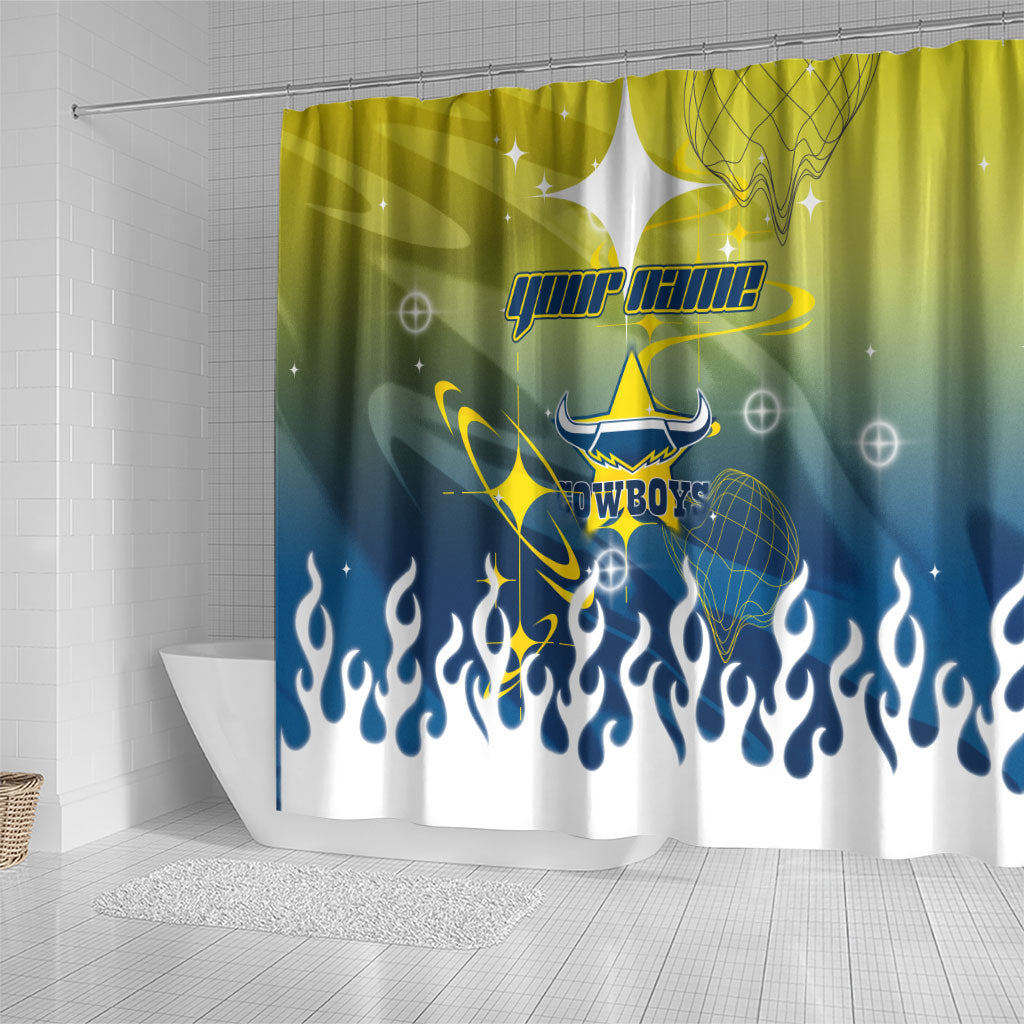 Personalized North Queensland Cowboys Shower Curtain Y2K Grunge Aesthetic With Cyber Flames and Starburst Graphics