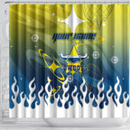 Personalized North Queensland Cowboys Shower Curtain Y2K Grunge Aesthetic With Cyber Flames and Starburst Graphics
