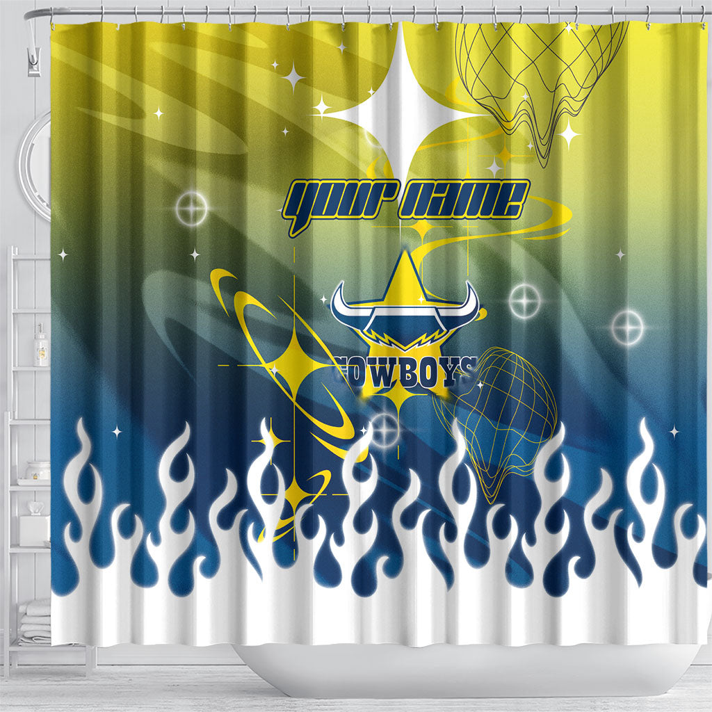 Personalized North Queensland Cowboys Shower Curtain Y2K Grunge Aesthetic With Cyber Flames and Starburst Graphics