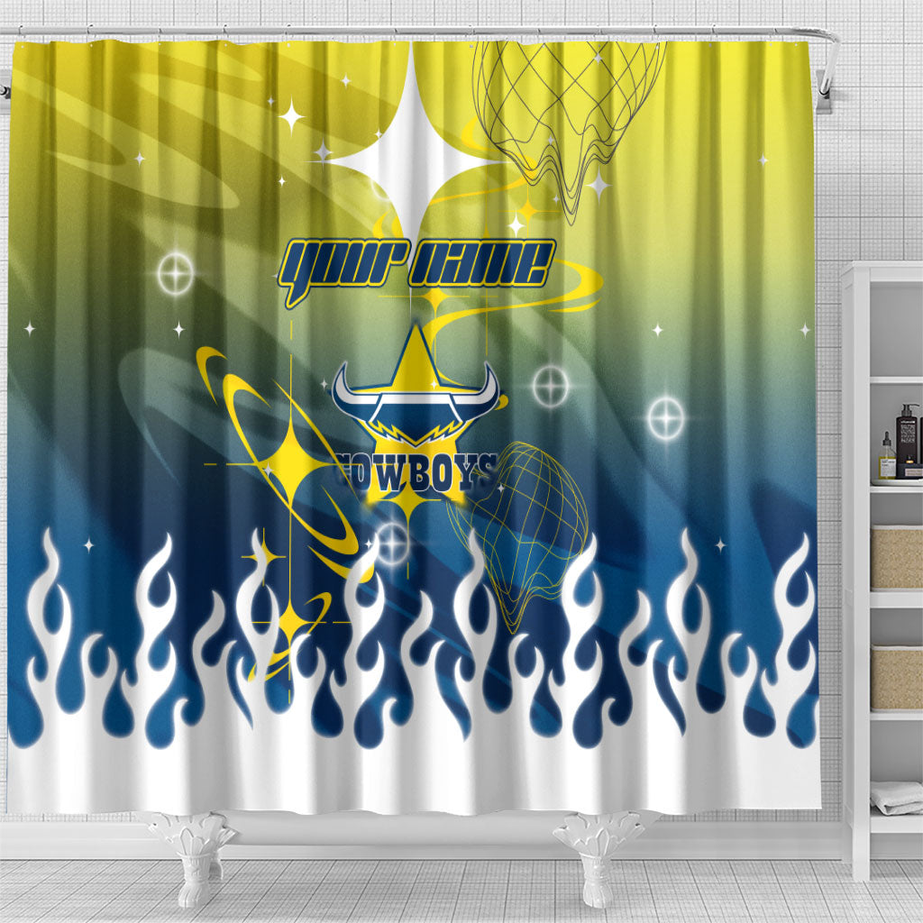 Personalized North Queensland Cowboys Shower Curtain Y2K Grunge Aesthetic With Cyber Flames and Starburst Graphics