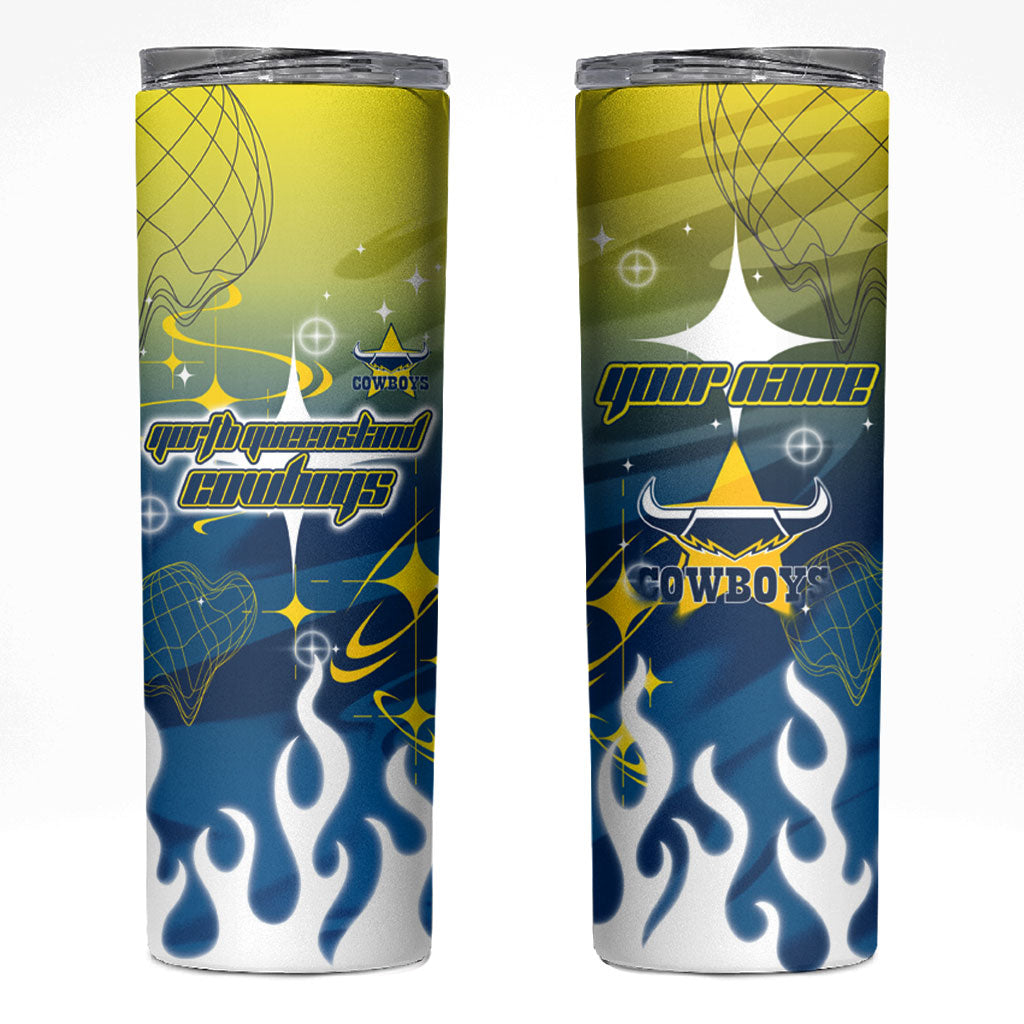 Personalized North Queensland Cowboys Skinny Tumbler Y2K Grunge Aesthetic With Cyber Flames and Starburst Graphics