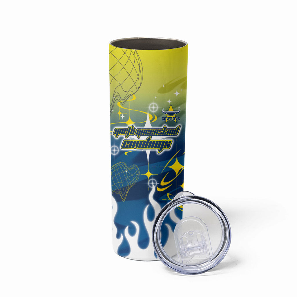 Personalized North Queensland Cowboys Skinny Tumbler Y2K Grunge Aesthetic With Cyber Flames and Starburst Graphics