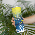 Personalized North Queensland Cowboys Skinny Tumbler Y2K Grunge Aesthetic With Cyber Flames and Starburst Graphics