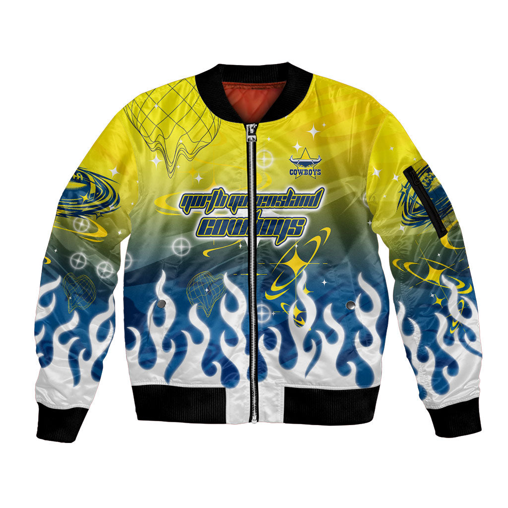 Personalized North Queensland Cowboys Sleeve Zip Bomber Jacket Y2K Grunge Aesthetic With Cyber Flames and Starburst Graphics