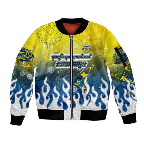 Personalized North Queensland Cowboys Sleeve Zip Bomber Jacket Y2K Grunge Aesthetic With Cyber Flames and Starburst Graphics