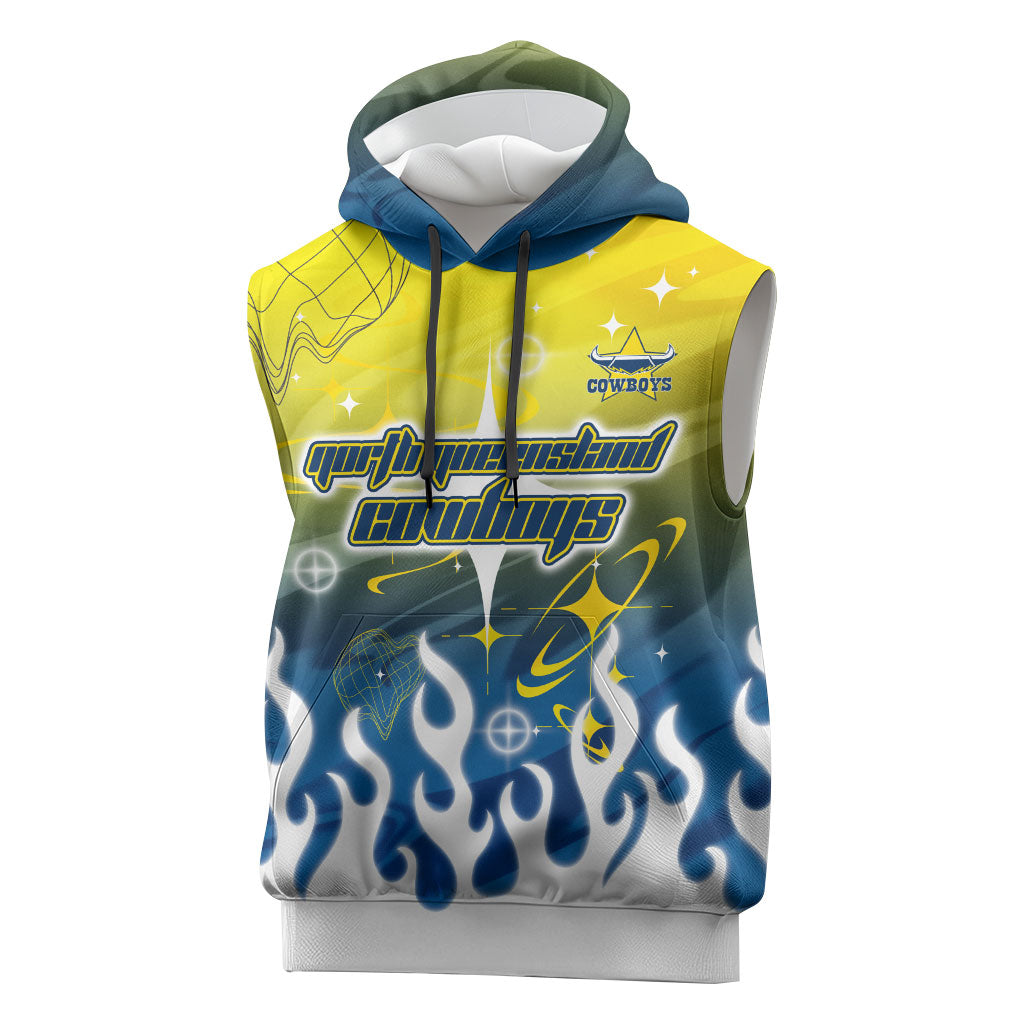 Personalized North Queensland Cowboys Sleeveless Hoodie Y2K Grunge Aesthetic With Cyber Flames and Starburst Graphics