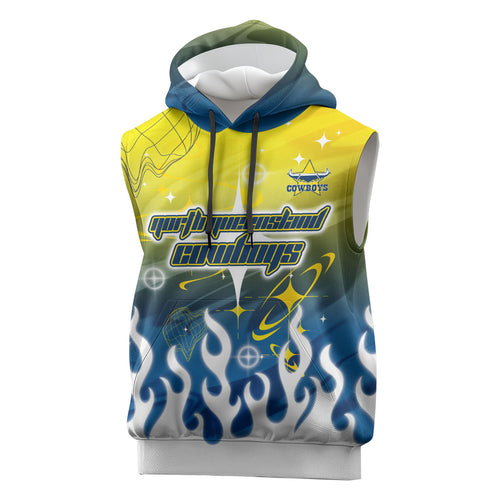 Personalized North Queensland Cowboys Sleeveless Hoodie Y2K Grunge Aesthetic With Cyber Flames and Starburst Graphics