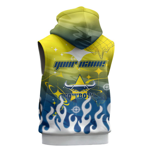 Personalized North Queensland Cowboys Sleeveless Hoodie Y2K Grunge Aesthetic With Cyber Flames and Starburst Graphics