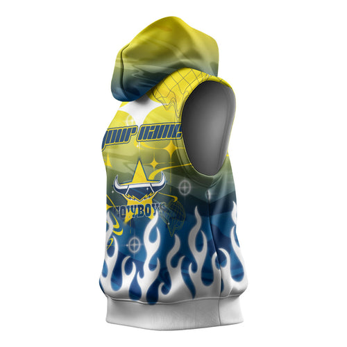 Personalized North Queensland Cowboys Sleeveless Hoodie Y2K Grunge Aesthetic With Cyber Flames and Starburst Graphics