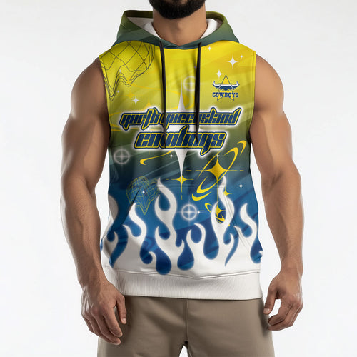 Personalized North Queensland Cowboys Sleeveless Hoodie Y2K Grunge Aesthetic With Cyber Flames and Starburst Graphics