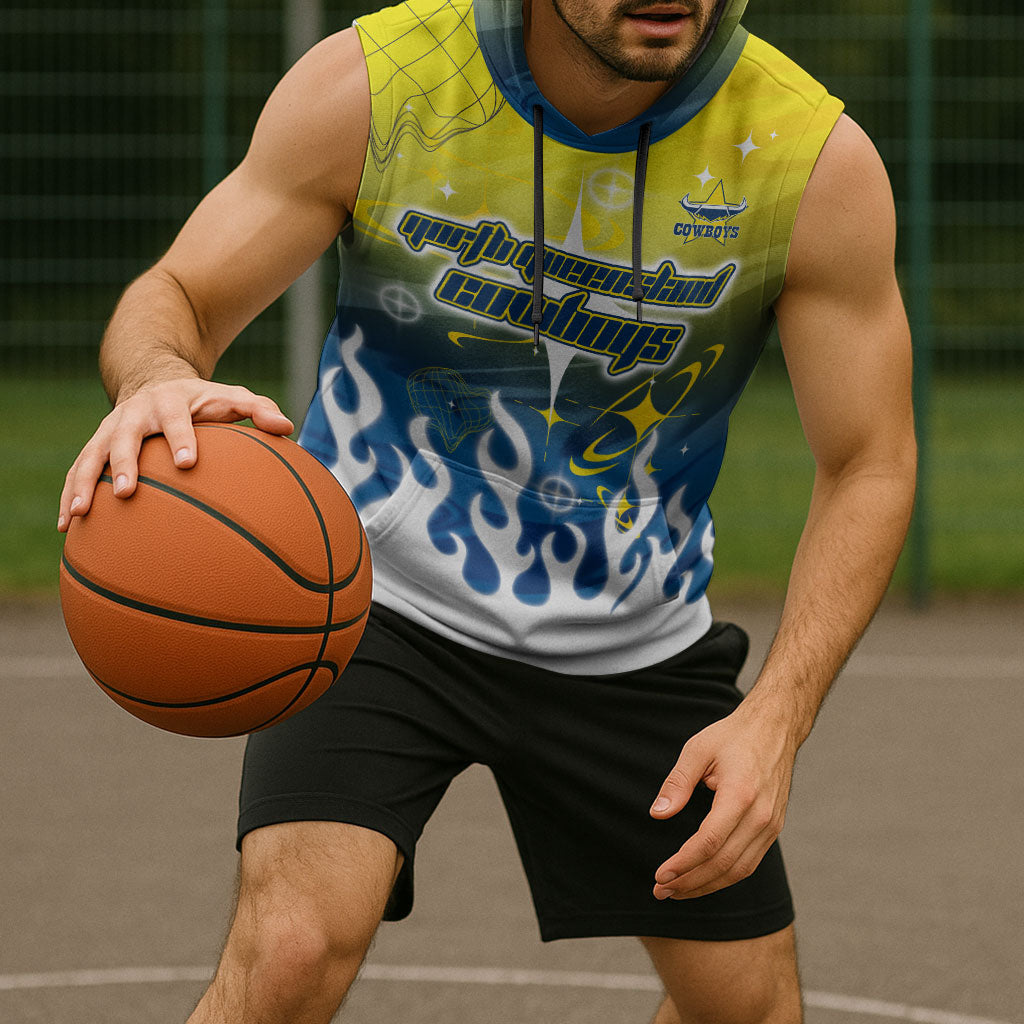Personalized North Queensland Cowboys Sleeveless Hoodie Y2K Grunge Aesthetic With Cyber Flames and Starburst Graphics