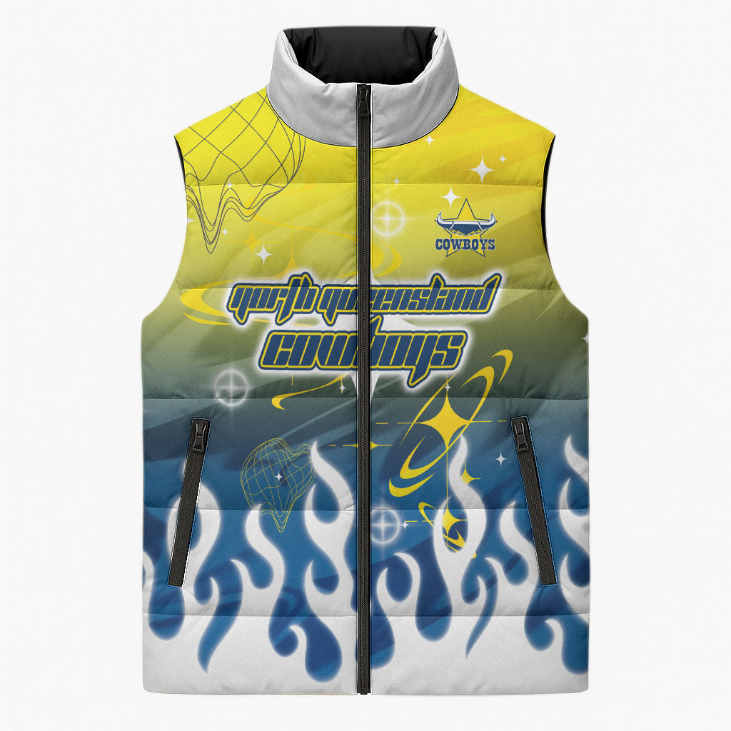 Personalized North Queensland Cowboys Sleeveless Puffer Jacket Y2K Grunge Aesthetic With Cyber Flames and Starburst Graphics