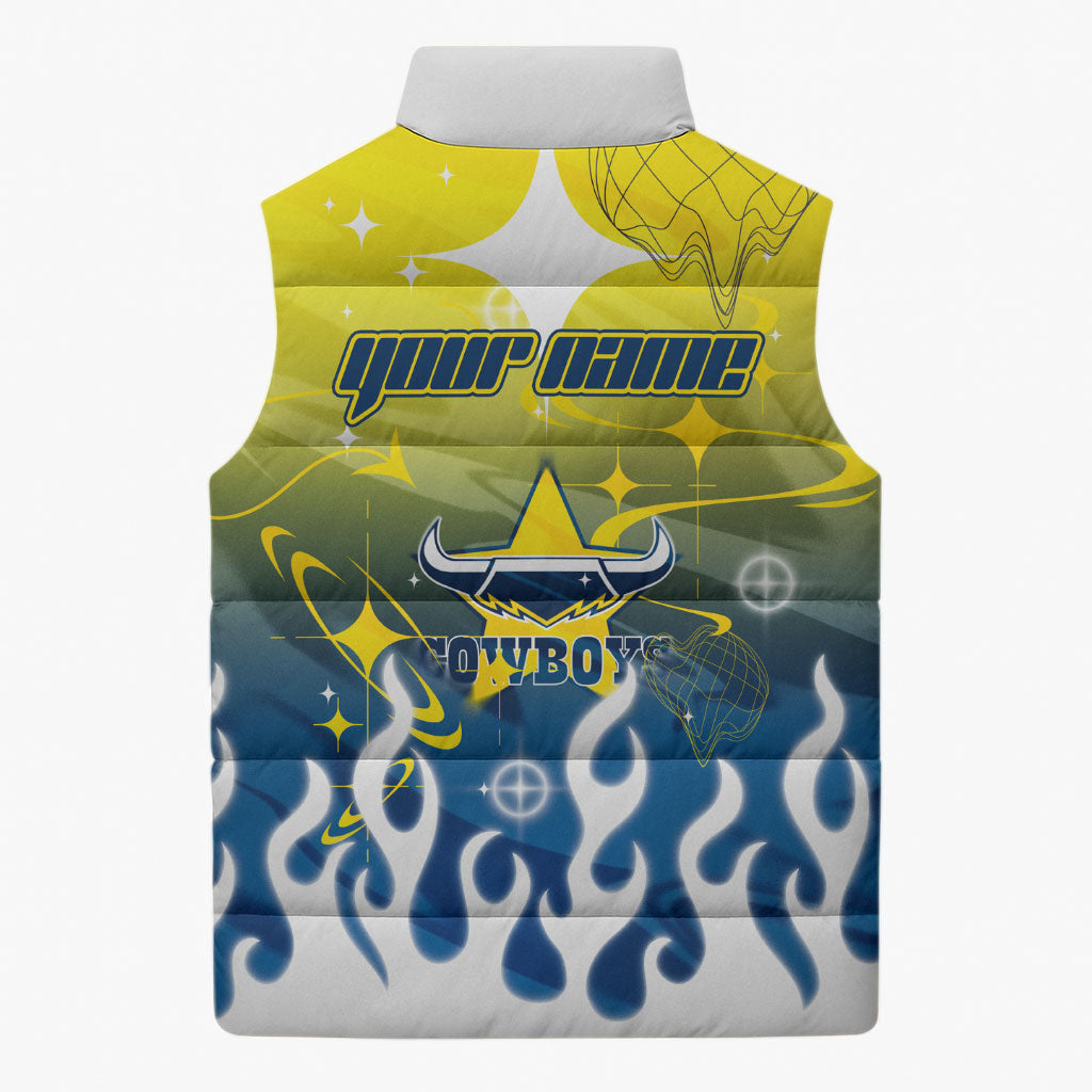 Personalized North Queensland Cowboys Sleeveless Puffer Jacket Y2K Grunge Aesthetic With Cyber Flames and Starburst Graphics