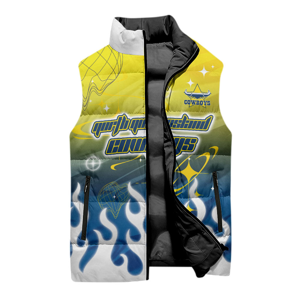 Personalized North Queensland Cowboys Sleeveless Puffer Jacket Y2K Grunge Aesthetic With Cyber Flames and Starburst Graphics