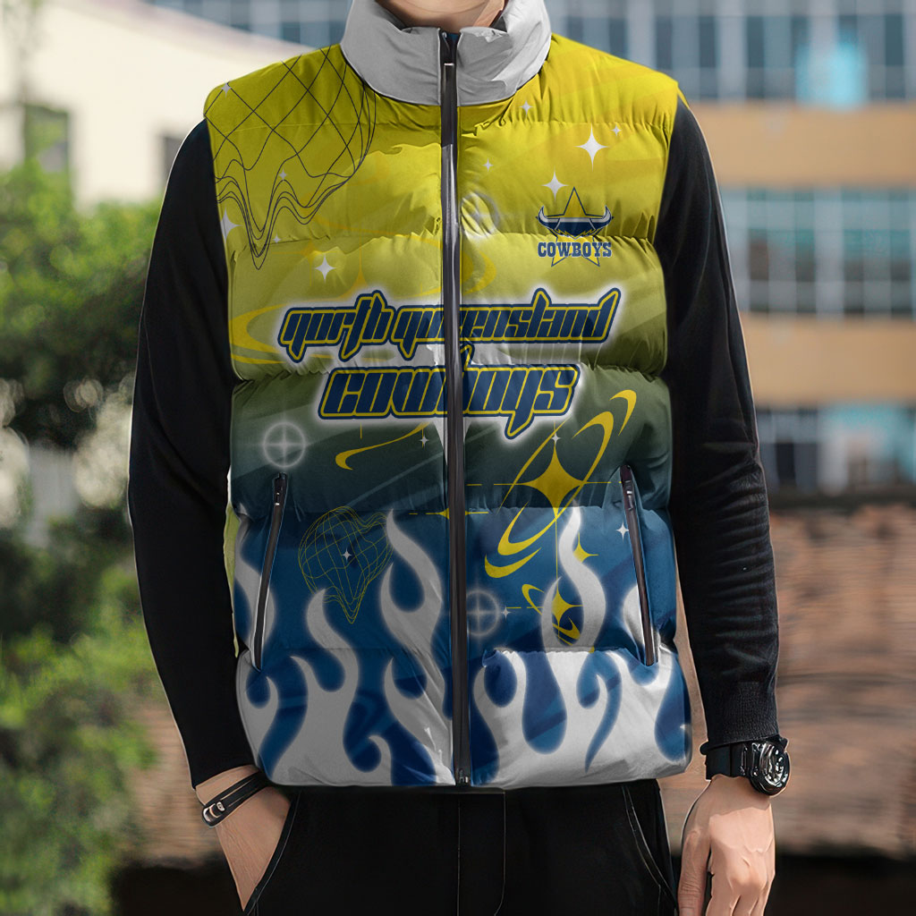 Personalized North Queensland Cowboys Sleeveless Puffer Jacket Y2K Grunge Aesthetic With Cyber Flames and Starburst Graphics