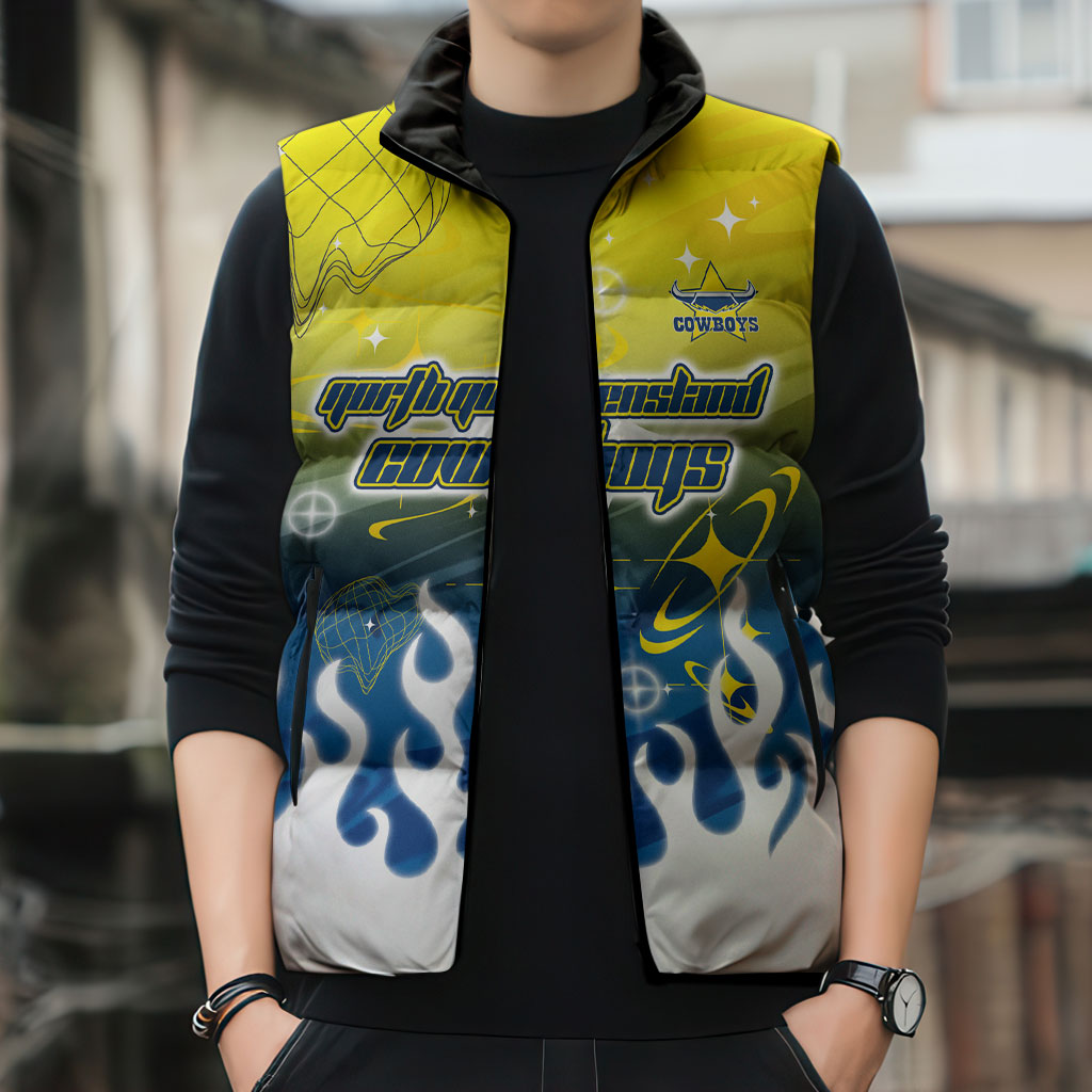 Personalized North Queensland Cowboys Sleeveless Puffer Jacket Y2K Grunge Aesthetic With Cyber Flames and Starburst Graphics