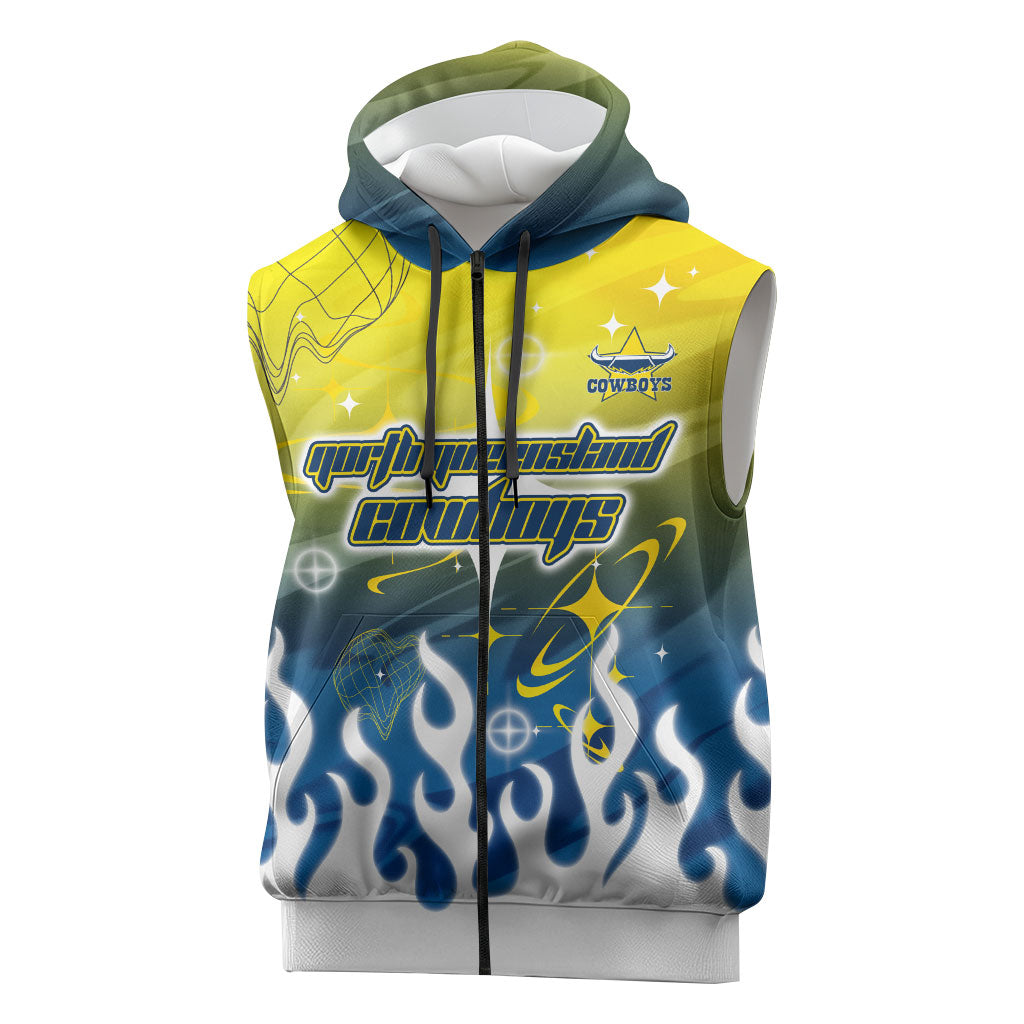 Personalized North Queensland Cowboys Sleeveless Zip Hoodie Y2K Grunge Aesthetic With Cyber Flames and Starburst Graphics