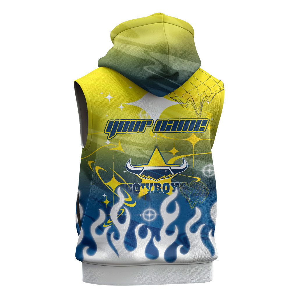 Personalized North Queensland Cowboys Sleeveless Zip Hoodie Y2K Grunge Aesthetic With Cyber Flames and Starburst Graphics