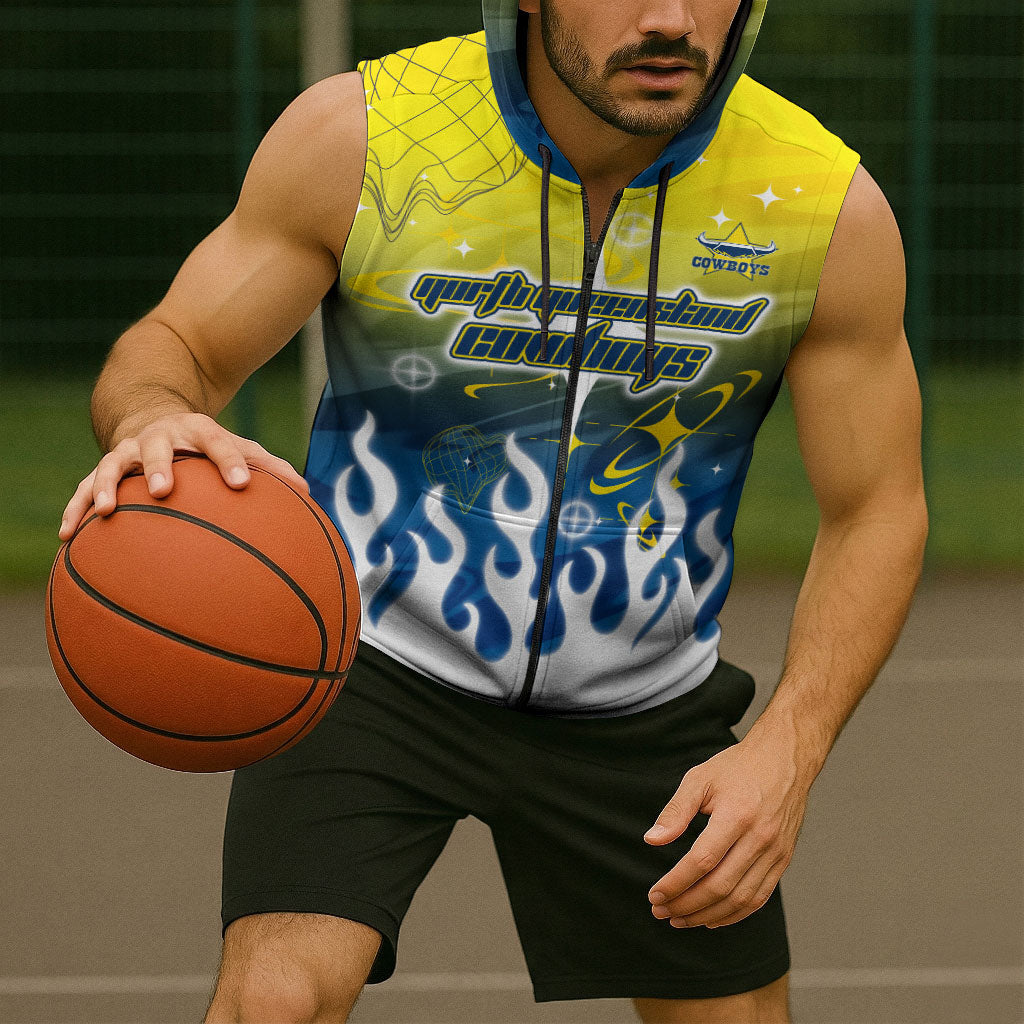 Personalized North Queensland Cowboys Sleeveless Zip Hoodie Y2K Grunge Aesthetic With Cyber Flames and Starburst Graphics