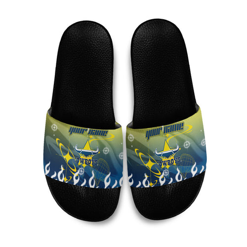 Personalized North Queensland Cowboys Slide Sandals Y2K Grunge Aesthetic With Cyber Flames and Starburst Graphics