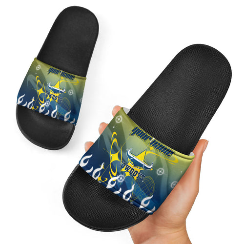 Personalized North Queensland Cowboys Slide Sandals Y2K Grunge Aesthetic With Cyber Flames and Starburst Graphics