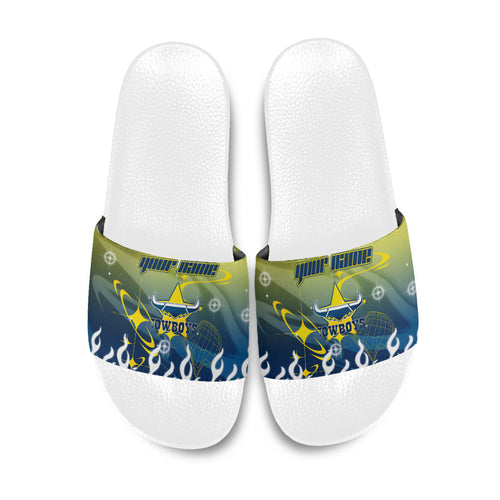 Personalized North Queensland Cowboys Slide Sandals Y2K Grunge Aesthetic With Cyber Flames and Starburst Graphics