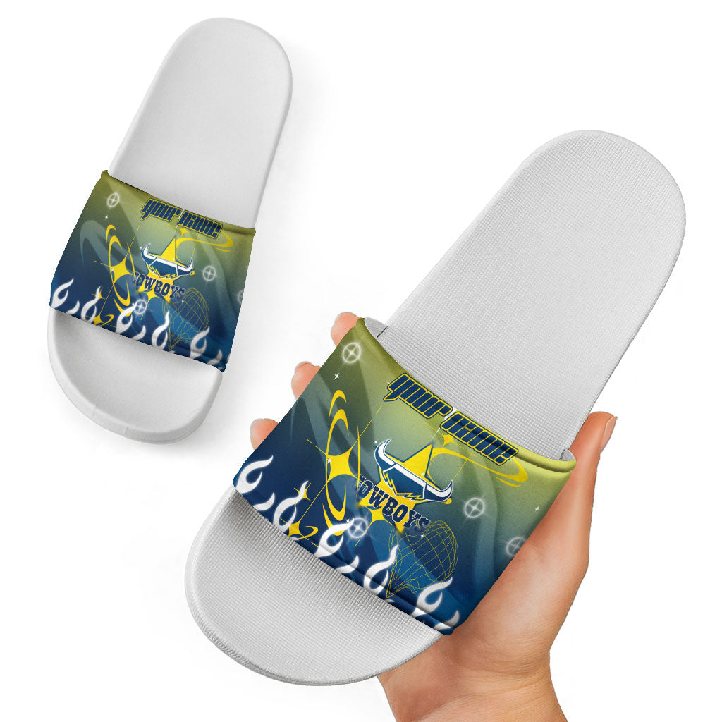 Personalized North Queensland Cowboys Slide Sandals Y2K Grunge Aesthetic With Cyber Flames and Starburst Graphics