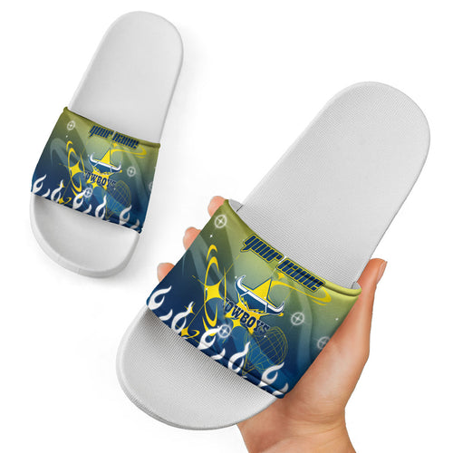 Personalized North Queensland Cowboys Slide Sandals Y2K Grunge Aesthetic With Cyber Flames and Starburst Graphics