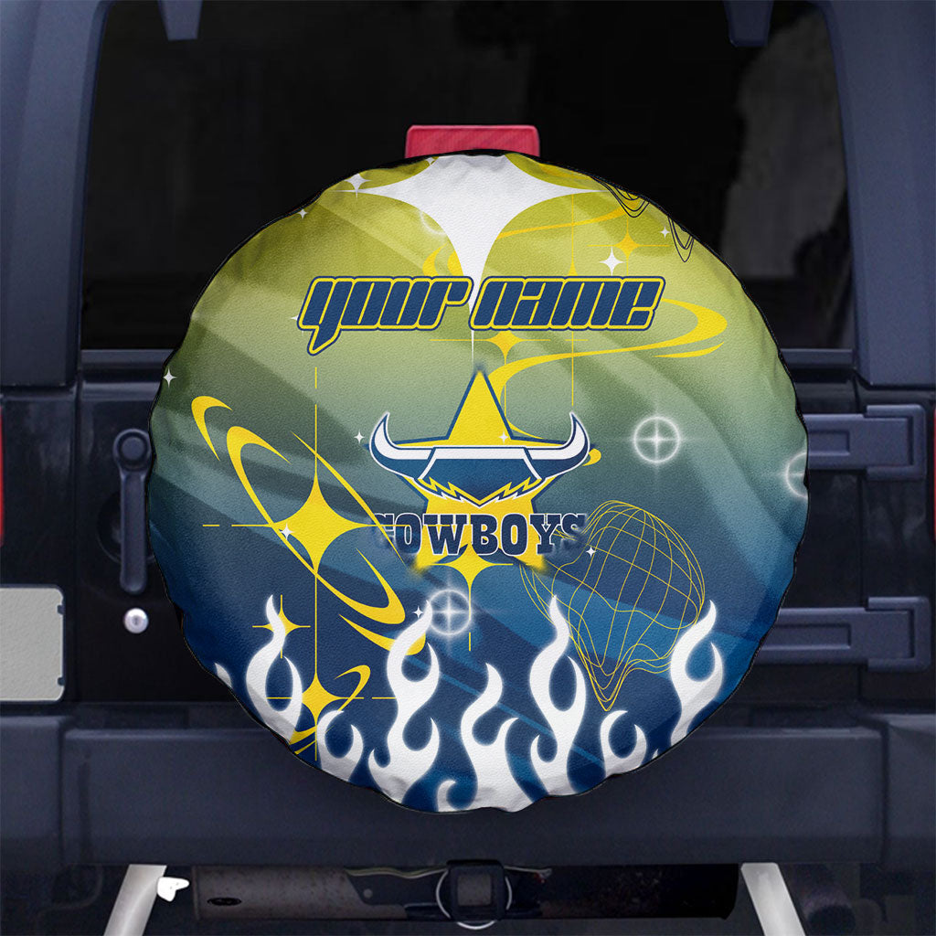 Personalized North Queensland Cowboys Spare Tire Cover Y2K Grunge Aesthetic With Cyber Flames and Starburst Graphics