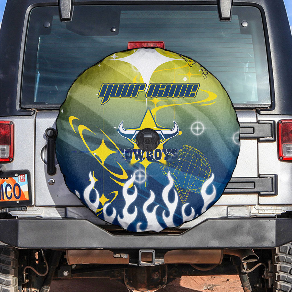Personalized North Queensland Cowboys Spare Tire Cover Y2K Grunge Aesthetic With Cyber Flames and Starburst Graphics
