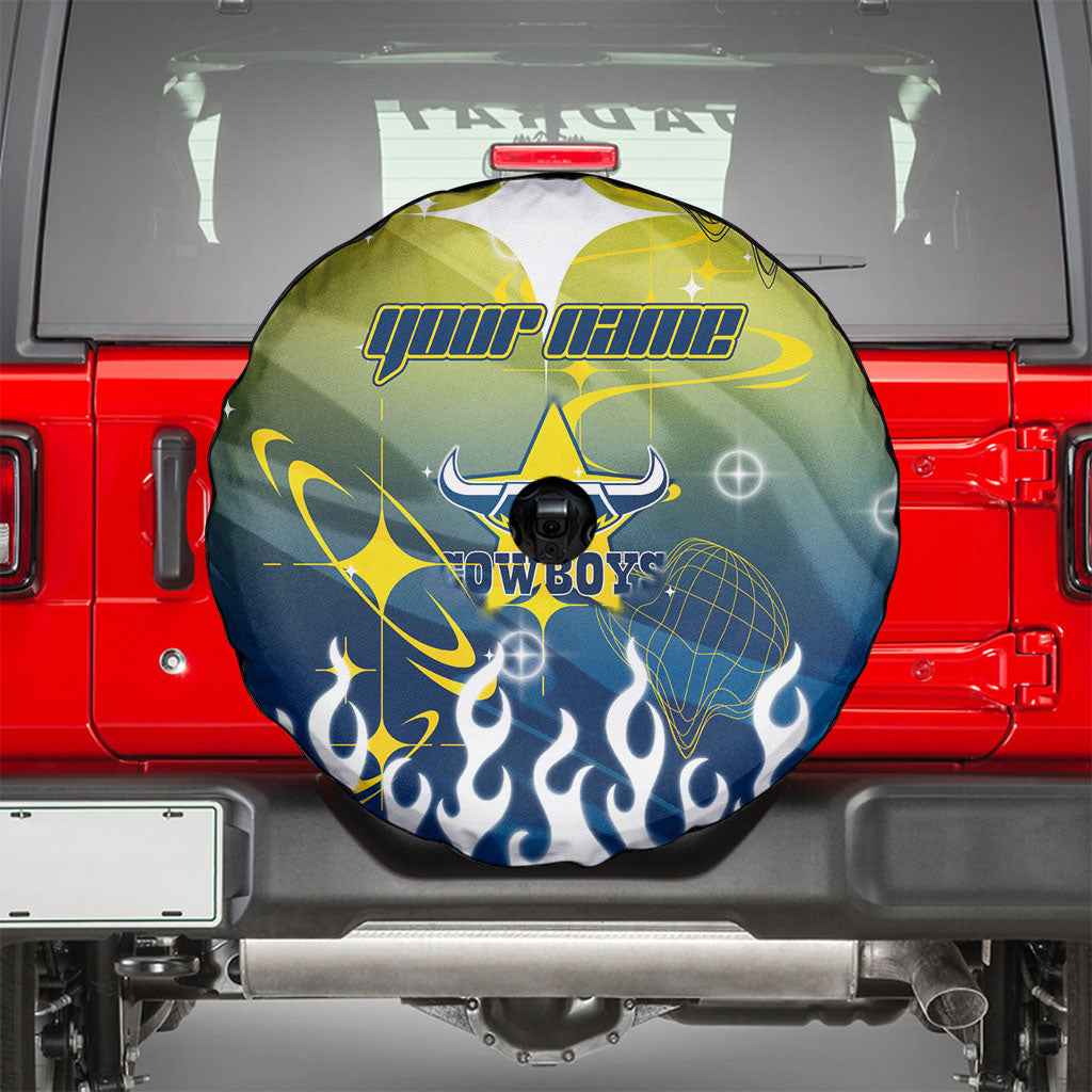 Personalized North Queensland Cowboys Spare Tire Cover Y2K Grunge Aesthetic With Cyber Flames and Starburst Graphics