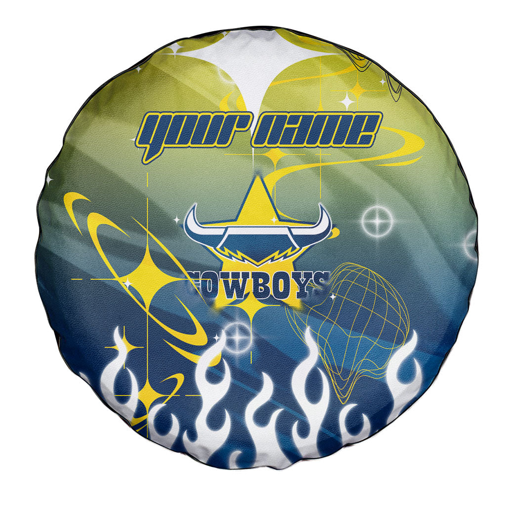 Personalized North Queensland Cowboys Spare Tire Cover Y2K Grunge Aesthetic With Cyber Flames and Starburst Graphics