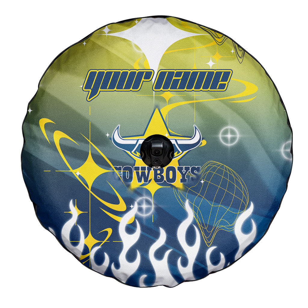 Personalized North Queensland Cowboys Spare Tire Cover Y2K Grunge Aesthetic With Cyber Flames and Starburst Graphics