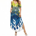 Personalized North Queensland Cowboys Summer Maxi Dress Y2K Grunge Aesthetic With Cyber Flames and Starburst Graphics
