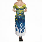 Personalized North Queensland Cowboys Summer Maxi Dress Y2K Grunge Aesthetic With Cyber Flames and Starburst Graphics