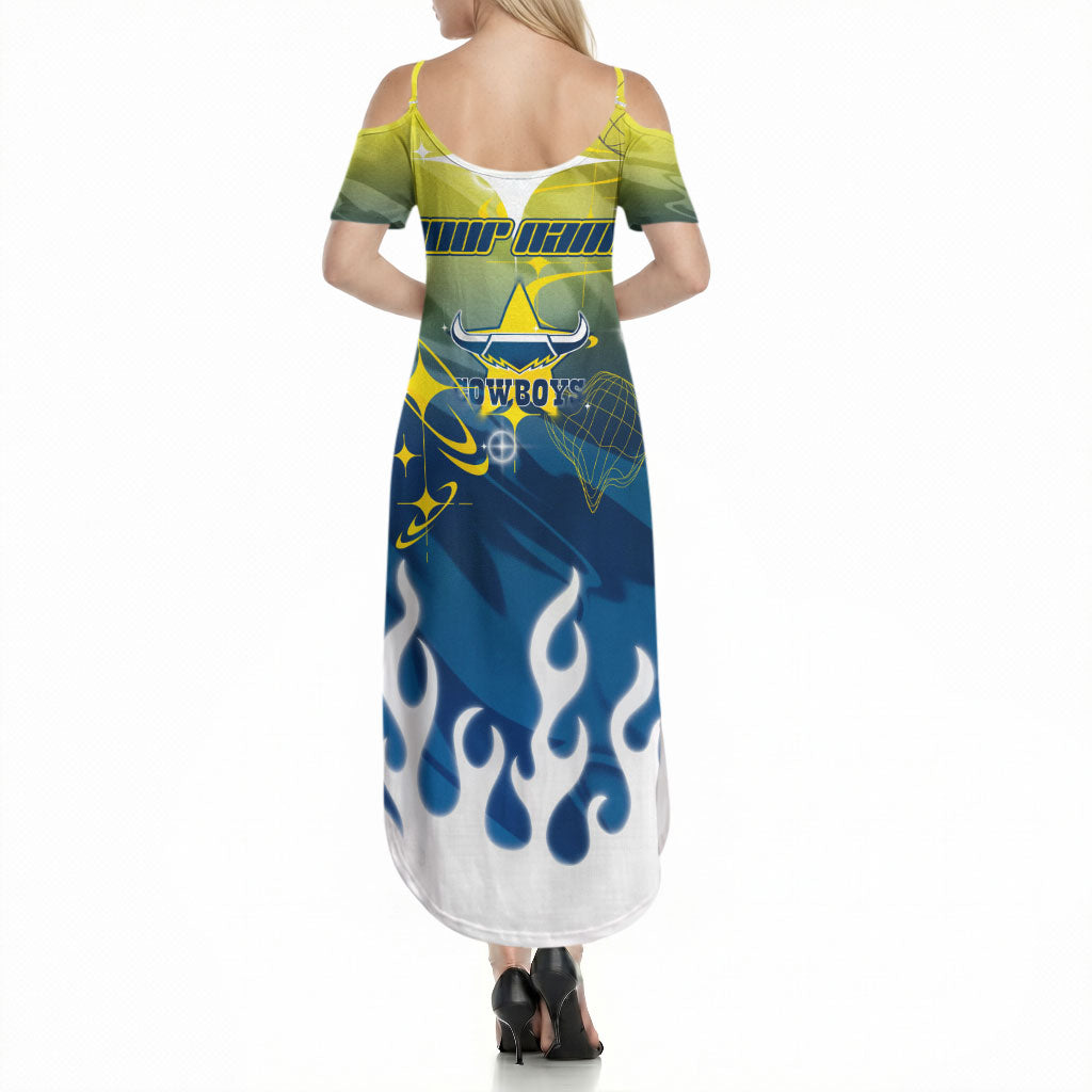 Personalized North Queensland Cowboys Summer Maxi Dress Y2K Grunge Aesthetic With Cyber Flames and Starburst Graphics