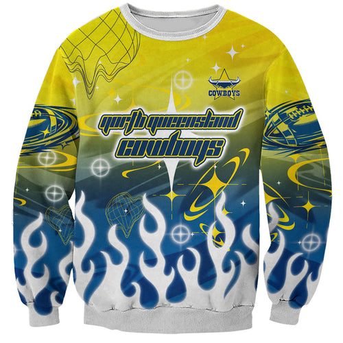 Personalized North Queensland Cowboys Sweatshirt Y2K Grunge Aesthetic With Cyber Flames and Starburst Graphics