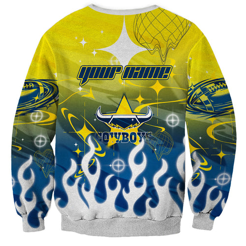 Personalized North Queensland Cowboys Sweatshirt Y2K Grunge Aesthetic With Cyber Flames and Starburst Graphics