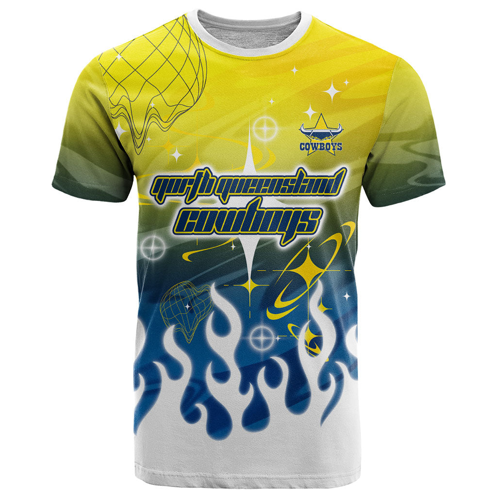 Personalized North Queensland Cowboys T Shirt Y2K Grunge Aesthetic With Cyber Flames and Starburst Graphics