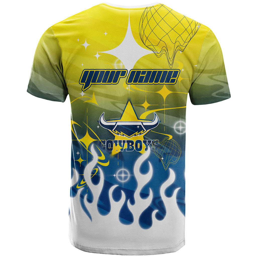 Personalized North Queensland Cowboys T Shirt Y2K Grunge Aesthetic With Cyber Flames and Starburst Graphics